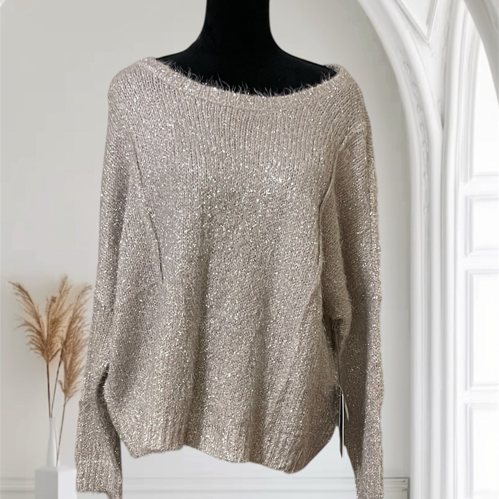 Jennifer Lopez Off-the-Shoulder Sweater in Sparkling Soft Pink